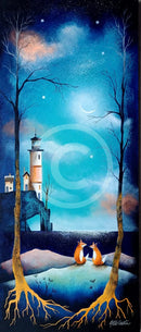 Two foxes by a lighthouse under a starry sky