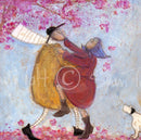 n The Pink Gallery Remarque Edition by Sam Toft — Ernest and Violet dancing beneath a pink cherry blossom tree with their dog Doris, mounted fine art print with hand-drawn remarque by Sam Toft