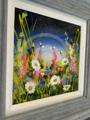 Mixed media painting with a glossy resin finish.  Moonlight Meadows ll by Rozanne Bell