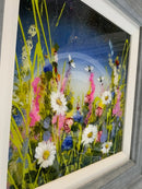 Mixed media painting with glossy resin finish. Moonlight Meadow l by Rozanne Bell