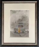 My Favourite Thing by Shaun Tymon — original charcoal and carbon pencil drawing of Bod, a small figure in a yellow mac and wellington boots, gazing wistfully up at a closed ice cream van at the seaside.