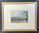 Meet the Mustards: Doris and the Birdies by Sam Toft, mounted miniature print. A black and white dog sits watching a flock of blackbirds singing on a fence. Framed in Oak