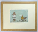 Meet the Mustards: Love Moves In Mysterious Ways by Sam Toft, mounted miniature. A man on a bike transporting his dove house behind him on a small cart. Framed in oak.