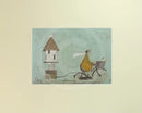 Meet the Mustards: Love Moves In Mysterious Ways by Sam Toft, mounted miniature. A man on a bike transporting his dove house behind him on a small cart.