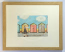 Meet the Mustards: Our Daily Mooch by Sam Toft, mounted miniature. A man walks his dog in front of a colourful row of beach huts. Framed in oak.