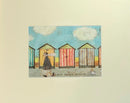 Meet the Mustards: Our Daily Mooch by Sam Toft, mounted miniature. A man walks his dog in front of a colourful row of beach huts.