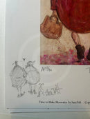 A close-up of a printed artwork page showing a partial painted scene with a red garment, brown handbag, and small sketch figures, plus handwritten notes and the text 'Time to Make Memories by Sam Toft'.