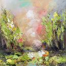 Abstract painting of a landscape with trees and flowers