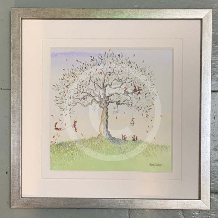 Squirrel Story 1 by Catherine Stephenson Mounted Miniature Framed in pewter cube