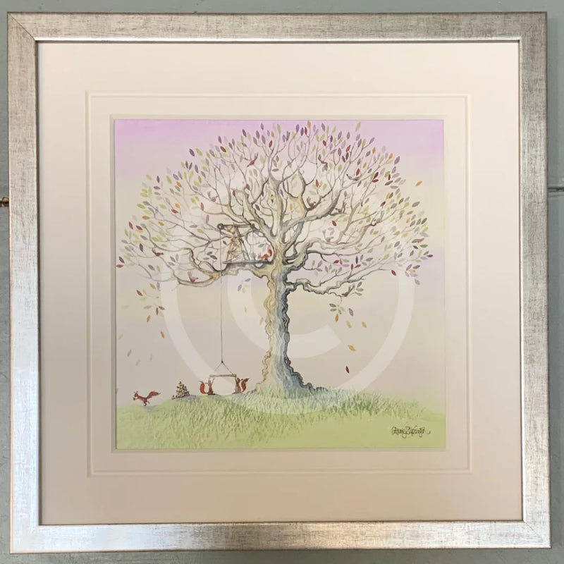 Squirrel Story 2 by Catherine Stephenson Mounted Miniature Framed in pewter cube