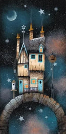 Star Cottage by Gary Walton — tall wonky stone and timber cottage with teal-framed glowing windows perched on a stone arch bridge, star-topped weather vane, multiple chimney pots, birdhouse and gas lamp, crescent moon in a deep teal starry night sky