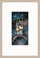Star Cottage by Gary Walton — tall wonky stone and timber cottage with teal-framed glowing windows perched on a stone arch bridge, star-topped weather vane, multiple chimney pots, birdhouse and gas lamp, crescent moon in a deep teal starry night sky - whitewash frame option