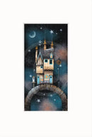 Star Cottage by Gary Walton — tall wonky stone and timber cottage with teal-framed glowing windows perched on a stone arch bridge, star-topped weather vane, multiple chimney pots, birdhouse and gas lamp, crescent moon in a deep teal starry night sky