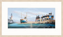 Still Waters by Gary Walton — blue and white fishing boat resting on a sandy beach, lighthouse on a rocky arch headland to the left, cluster of colourful wonky cottages including thatched roof perched on rocks to the right, calm reflective water and pale blue sky - oak effect frame