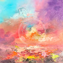 Framed abstract painting with colorful brush strokes on a white background