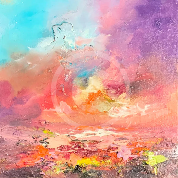 Abstract painting with a gradient of colors from blue to purple, pink, and orange.