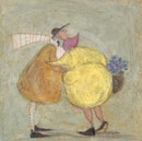 A Big Old Squish Gallery Remarque Edition by Sam Toft — Mr and Mrs Mustard sharing a big hug with Doris the Jack Russell squished happily between them, Lady Violet in a daffodil yellow mac and pink headscarf, mounted fine art print with hand-drawn remarque by Sam Toft