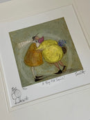 Art print featuring a whimsical, textured painting of a figure in a yellow dress and pink hat on a muted green background, with handwritten signatures and a white mat border.