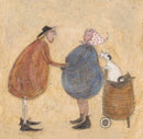 A whimsical folk-art style painting on textured beige paper, depicting two stylized figures and a small white dog in a basket. One figure wears a brown coat and black hat, the other a blue coat and pink polka-dot bonnet, and the dog sits in a woven basket.