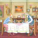 Tea for Three by Dotty Earl — elderly couple leaning over a floral tablecloth at tea, dog sitting at the table between them, cosy period dining room with mantelpiece and Tiffany lamp