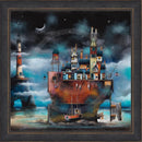 The Ark II by Gary Walton — vast rust-red ship hull beached on the shore, colonised by a fantastical collection of timber-framed towers, wonky cottages and glowing buildings under a deep blue-black starry night sky with crescent moon, lighthouse on rocky arch headland to the left, small fishing boat moored alongside, harbour gate to the right - framed