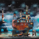 The Ark II by Gary Walton — vast rust-red ship hull beached on the shore, colonised by a fantastical collection of timber-framed towers, wonky cottages and glowing buildings under a deep blue-black starry night sky with crescent moon, lighthouse on rocky arch headland to the left, small fishing boat moored alongside, harbour gate to the right