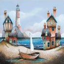 The Blue Lagoon by Gary Walton — two clusters of wonky coastal cottages with teal window frames either side of a sheltered lagoon, red and white lighthouse on the headland, sailboat on the vivid blue water and wooden rowing boat beached in the sandy foreground