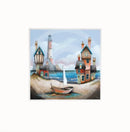The Blue Lagoon by Gary Walton — two clusters of wonky coastal cottages with teal window frames either side of a sheltered lagoon, red and white lighthouse on the headland, sailboat on the vivid blue water and wooden rowing boat beached in the sandy foreground - mounted option