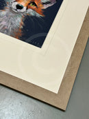 The Charmer, quirky fox portrait, Artist Proof limited edition print, framed in 281 Almond 