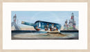 The Clock Tower by Gary Walton — giant glass bottle resting on a sandbank in the sea containing a miniature night scene with a clock tower building, row of wonky cottages and a sailboat under a starry teal sky and crescent moon, lighthouse on rocks to the right and harbour wall with gas lamp to the left - oak frame