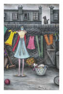 The Dog Basket by Dotty Earl — hardworking housewife in a blue apron dress and matching headscarf hanging colourful washing on a line in a grey flagstone backyard, dog fast asleep in the laundry basket, cat on the wall above and a mouse by the broom