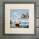 The Dry Season by Gary Walton Limited Edition Print, whimsical seaside print of a boat next to a crooked legged pier with colourful houses 