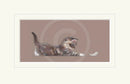 Illustration of a cat chasing a feather on a brown background