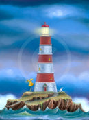 The Lighthouse Keepers by Dotty Earl — figure in a yellow mac with lantern beside a red and white striped lighthouse on a rocky island, waves crashing below