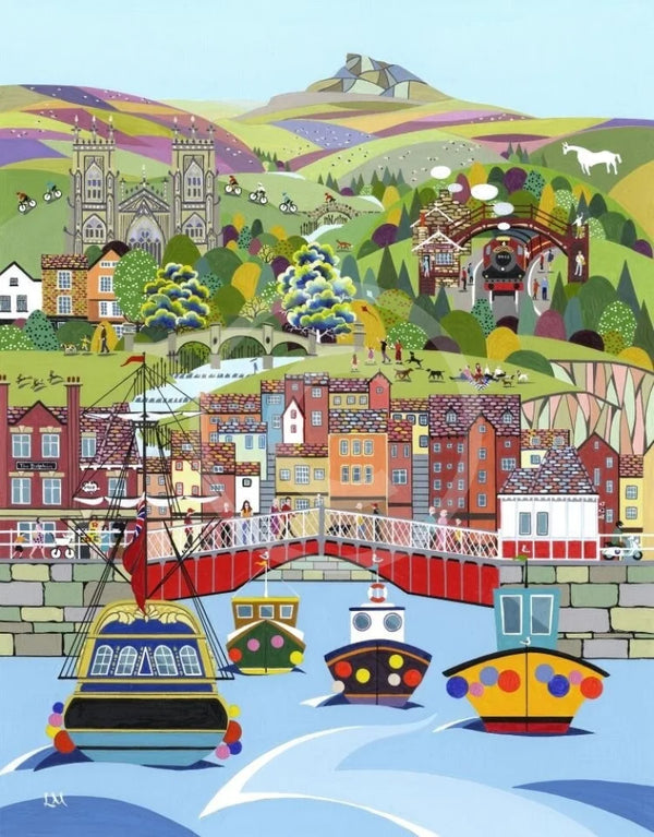 The North Riding of Yorkshire by Linda Mellin, This contemporary colourful landscape  features, Whitby Harbour, Roseberry Topping, North York Moors Railway, York Minster, The White Horse at Kilburn.