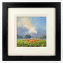 The Path Through the Meadow by Allan Morgan — red poppies scattered through a green meadow, distant trees beneath a blue sky with softly illuminated clouds, presented in a broad black frame with an off-white inner slip frame