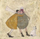 The Unexpected Smackeroo Gallery Remarque Edition by Sam Toft — Mr Mustard planting a surprise kiss on Violet while their Jack Russell looks on in surprise, mounted fine art print with hand-drawn remarque by Sam Toft