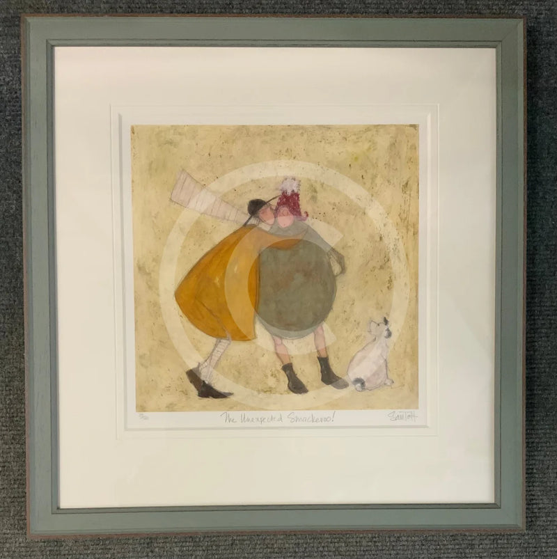 The Unexpected Smackeroo LIMITED EDITION by Sam Toft. Mr Mustard surprises his good lady with an unexpected big kiss. Doris the Jack Russell looks rather surprised too!