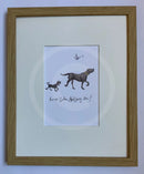 Keep Calm And Carry On, Sam Toft. Oak framed mounted print of 2 dogs taking a walk with a bird singing above