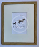 Keep Calm And Carry On, Sam Toft. Oak framed mounted print of 2 dogs taking a walk with a bird singing above 