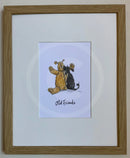 Old Friends, Sam Toft . Oak framed print of a teddy bear and a black dog