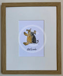 Old Friends, Sam Toft . Oak framed print of a teddy bear and a black dog