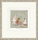 Framed artwork of a humorous scene with animals and cake