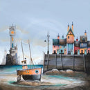 Time and Tide by Gary Walton — orange fishing boat beached on sand beside a timber harbour wall, row of colourful wonky cottages along the quayside, ornate clock tower on rocky headland to the left, gas lamp over the harbour wall, soft grey-blue sky