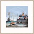 Time and Tide by Gary Walton — orange fishing boat beached on sand beside a timber harbour wall, row of colourful wonky cottages along the quayside, ornate clock tower on rocky headland to the left, gas lamp over the harbour wall, soft grey-blue sky
