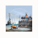 Time and Tide by Gary Walton — orange fishing boat beached on sand beside a timber harbour wall, row of colourful wonky cottages along the quayside, ornate clock tower on rocky headland to the left, gas lamp over the harbour wall, soft grey-blue sky - mounted