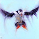 Art print of a puffin in flight, captured with dynamic wing-stretching motion. The bird features a white head and chest, black wings and back, a bright orange-red beak, and orange-red legs, set against a light blue background.