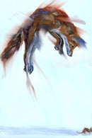 Art print of a fox leaping through the air with motion-like brushstrokes, set against a pale blue and white background. A small mouse is visible in the lower right corner.