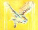 A vibrant yellow art print of a flying owl in flight, rendered with expressive brushstrokes and dripped paint effects on a bright yellow background.