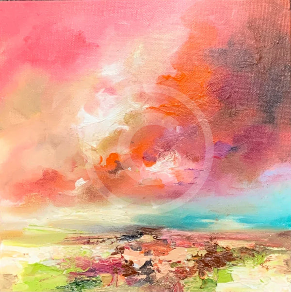 Abstract painting with a mix of pink, orange, and green colors.